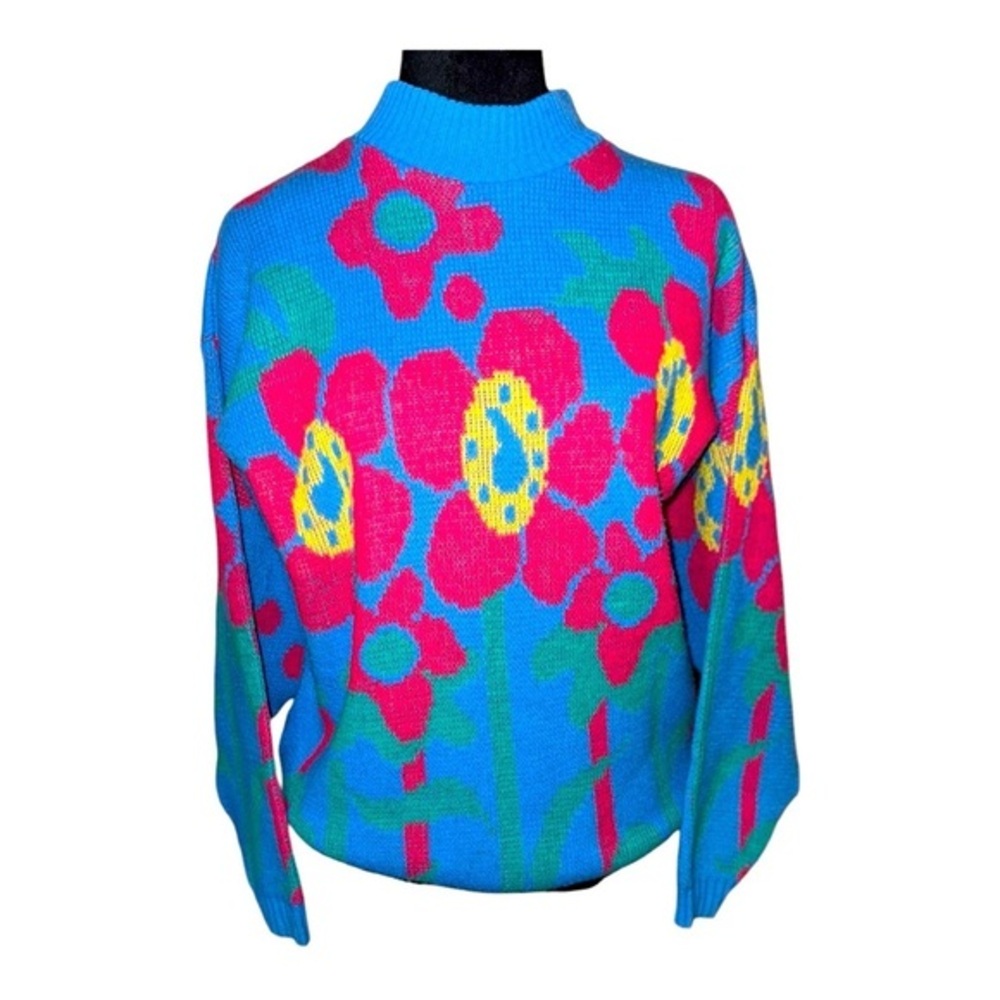VTG 80s Floral Funky Colorful Artsy tight knit sweater‎ size S/M